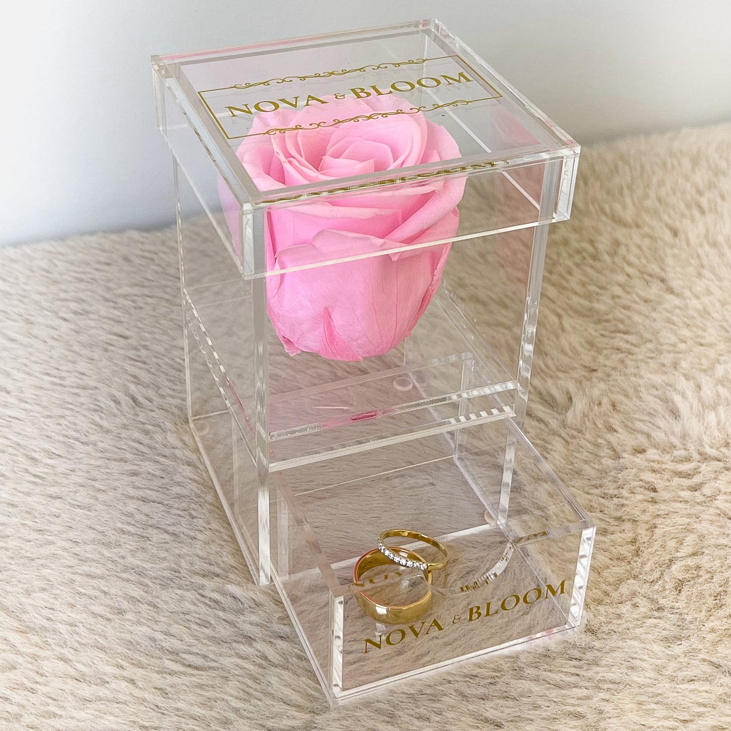 Single Acrylic Jewellery Box - Pink Preserved Rose - Open Drawer View