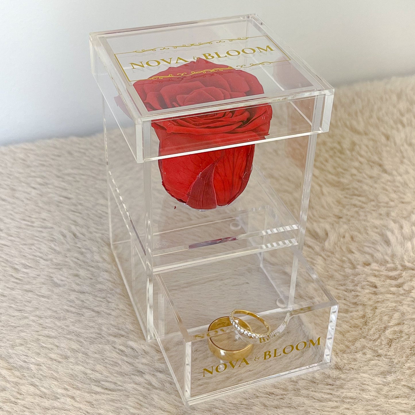 Single Acrylic Jewellery Box - Red Preserved Rose - Drawer Open View