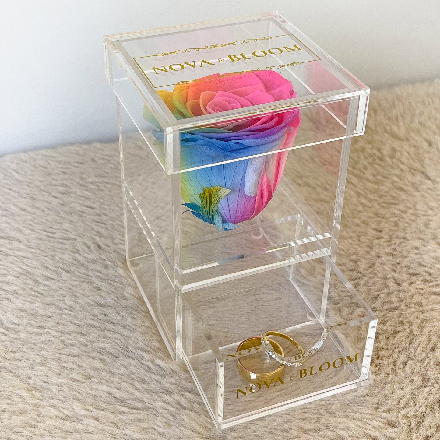 Single Acrylic Jewellery Box - Rainbow Preserved Rose - Drawer Open View
