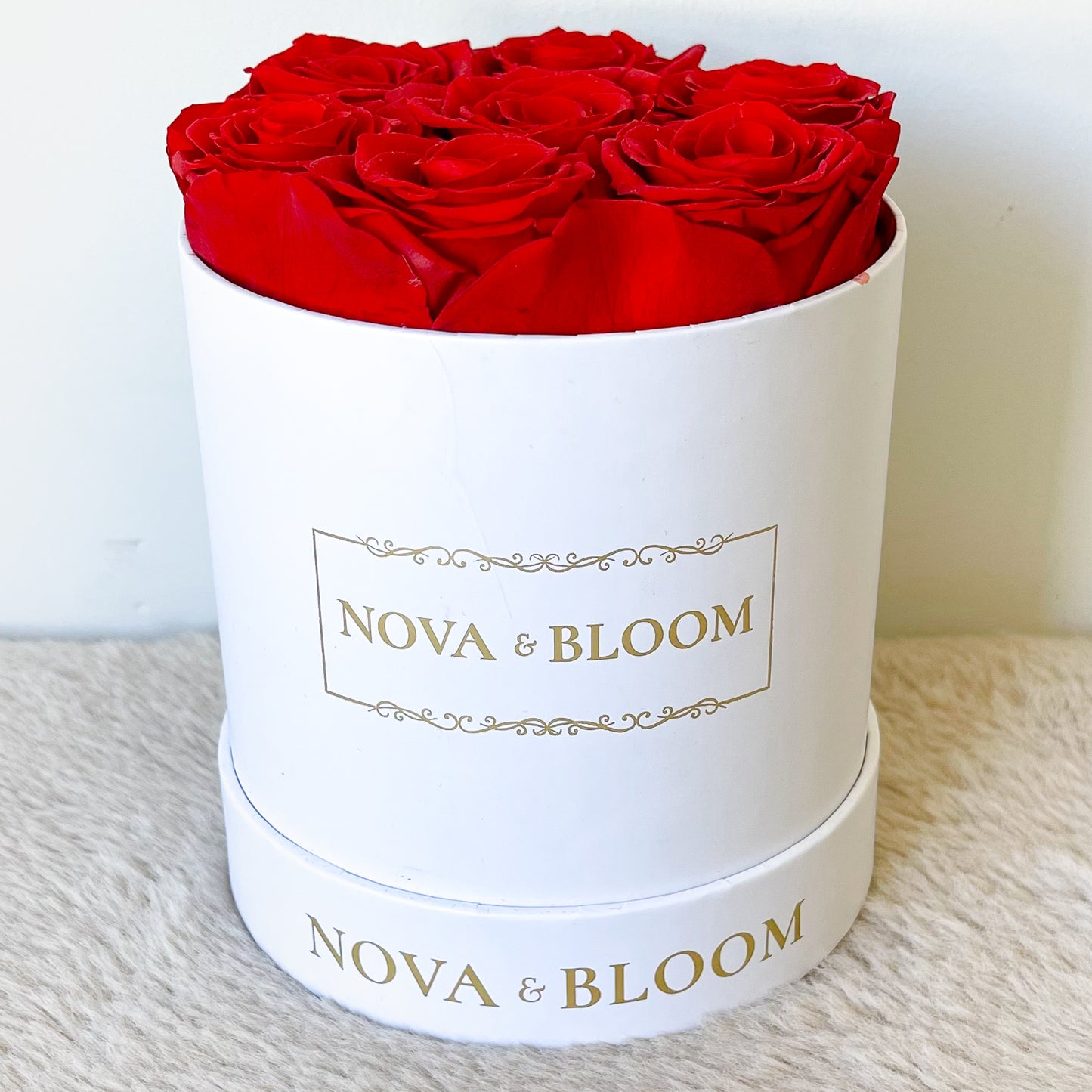 Medium White Round Arrangement - Red Preserved Roses - Front View