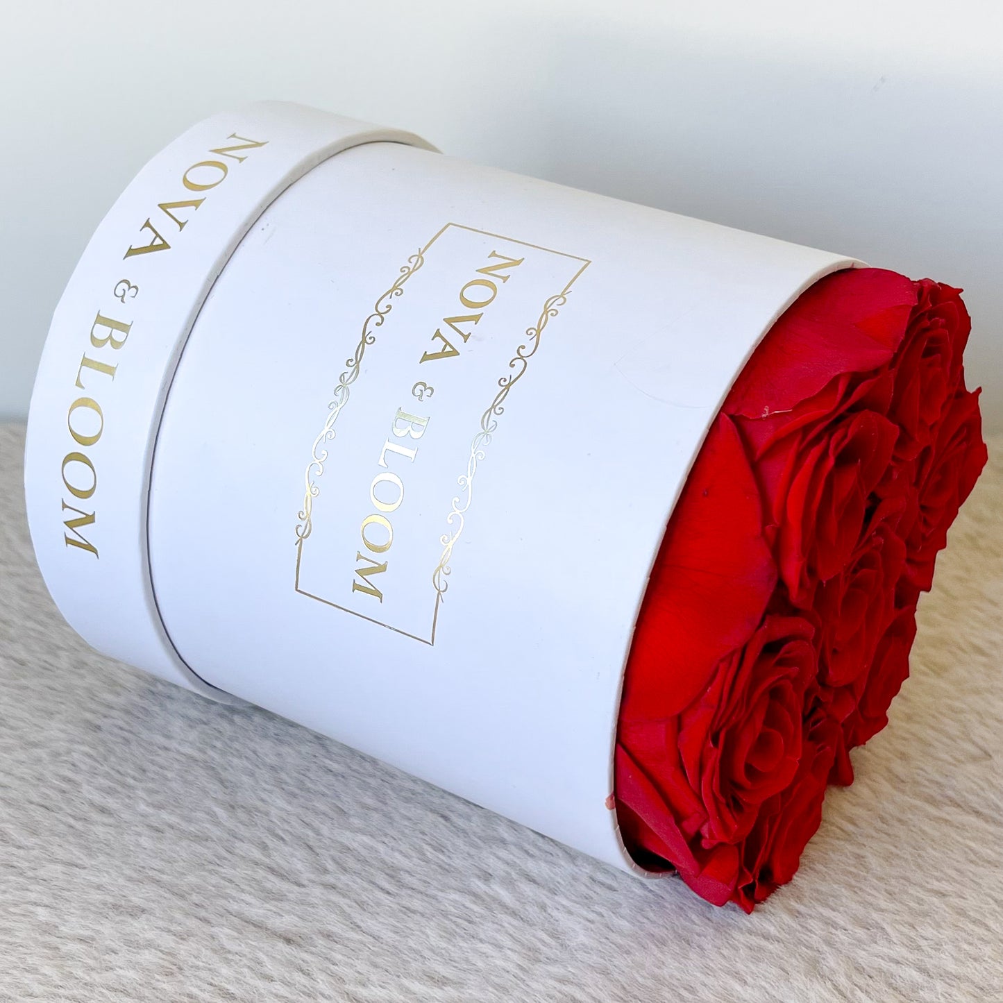 Medium White Round Arrangement - Red Preserved Roses - Side View