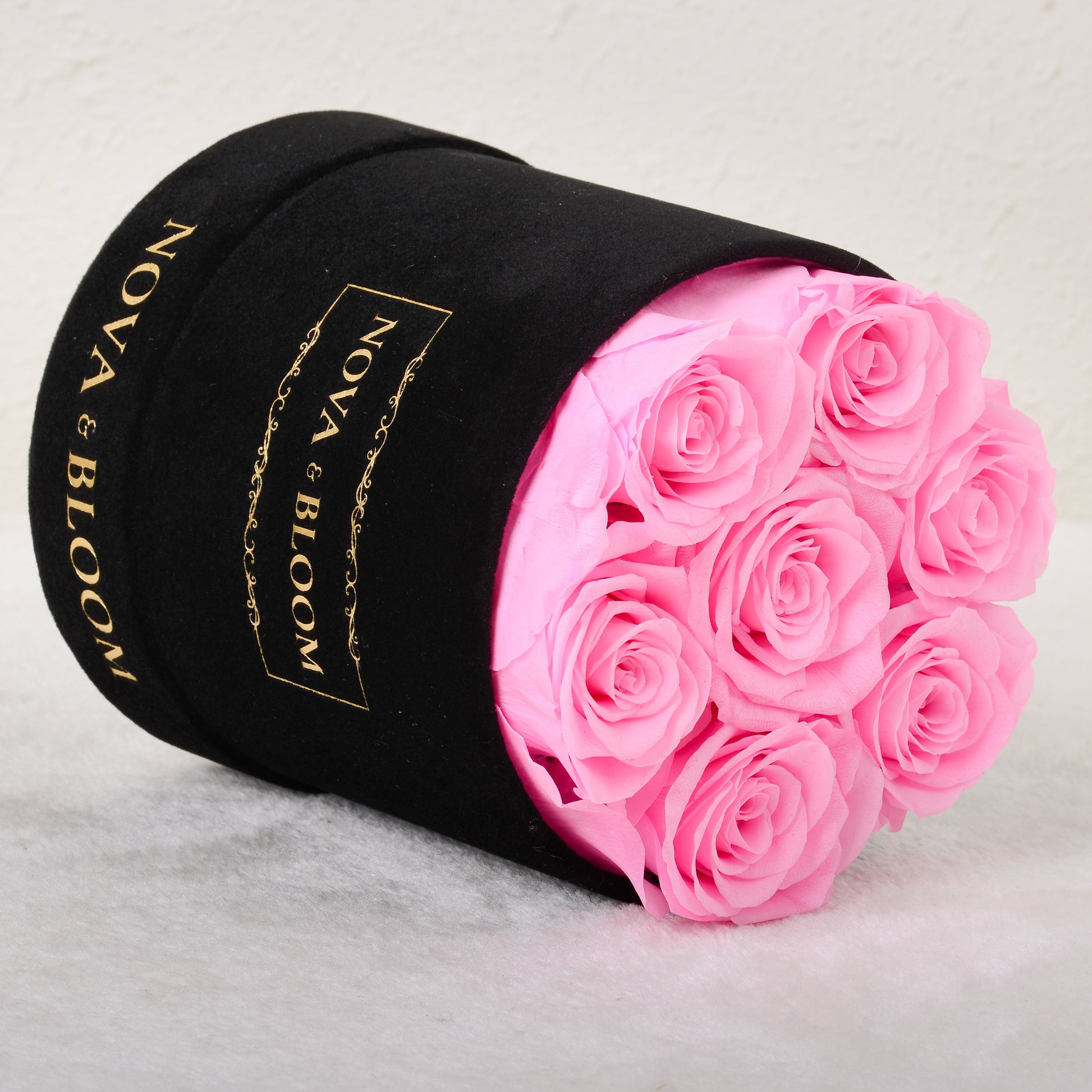 Medium Black Velvet Round Arrangement - Pink Preserved Roses - Side View