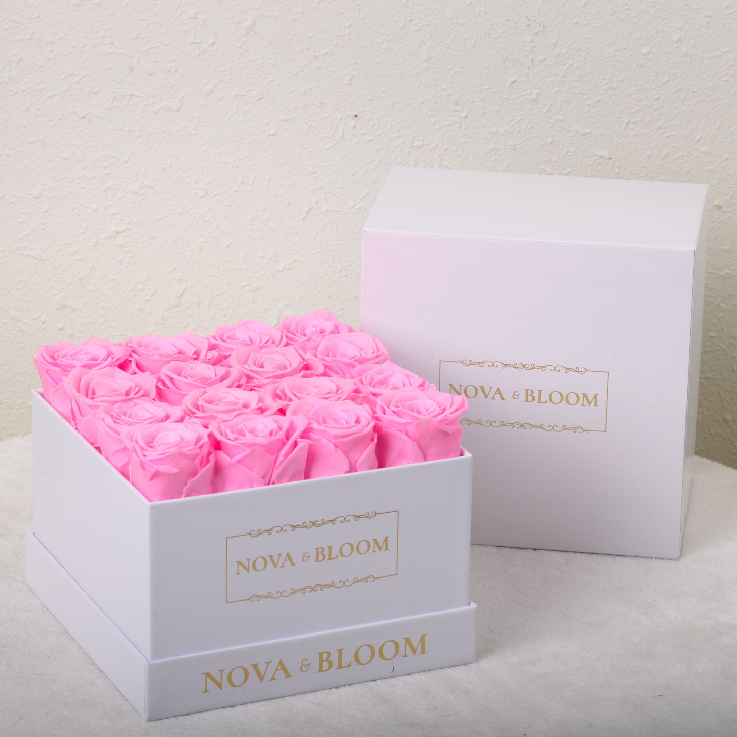 Large White Square Arrangement - Pink Preserved Roses