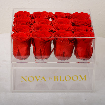 Large Acrylic Jewellery Box With Red Preserved Roses - Drawer View