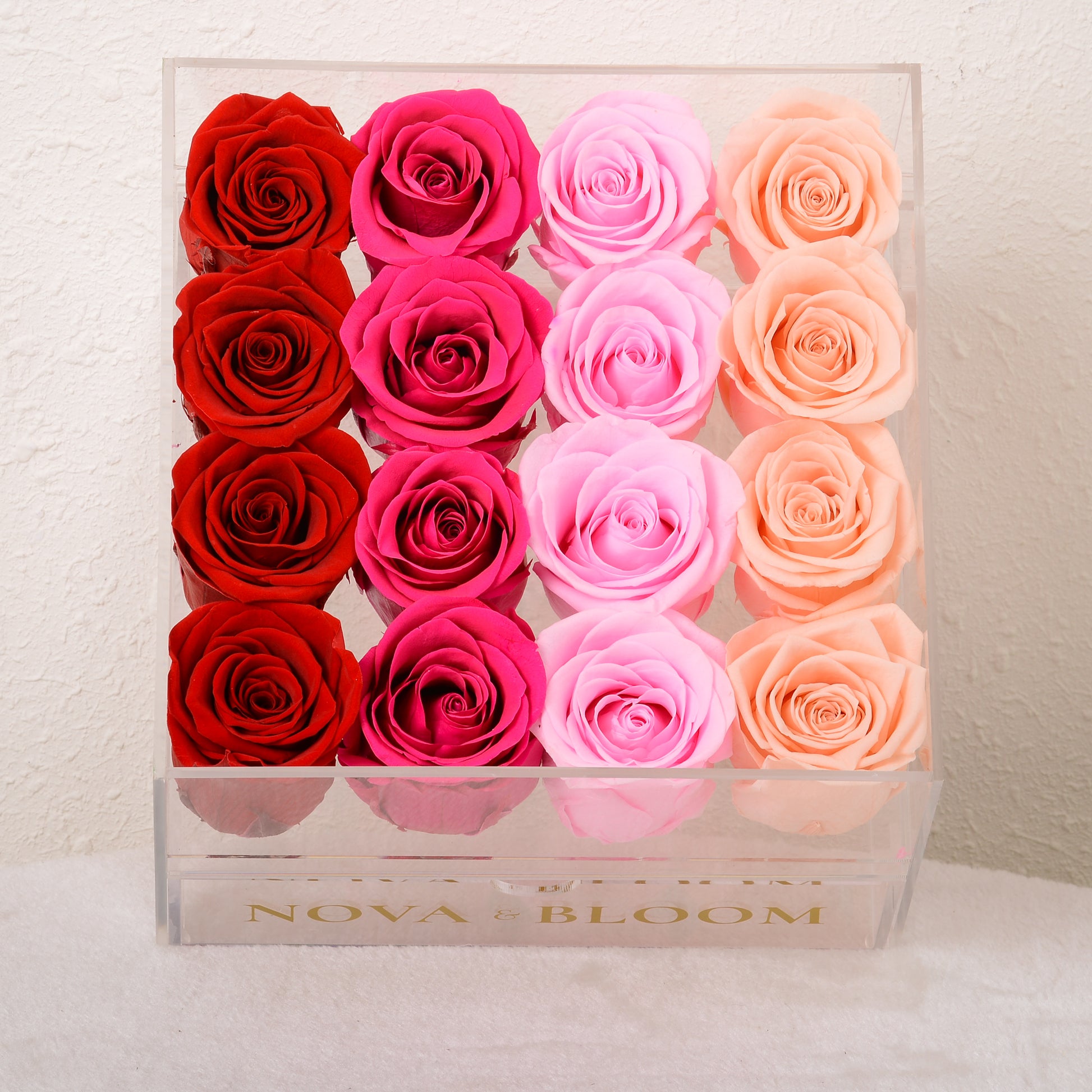 Large Acrylic Jewellery Box With Multi-Colour Preserved Roses - Front View 